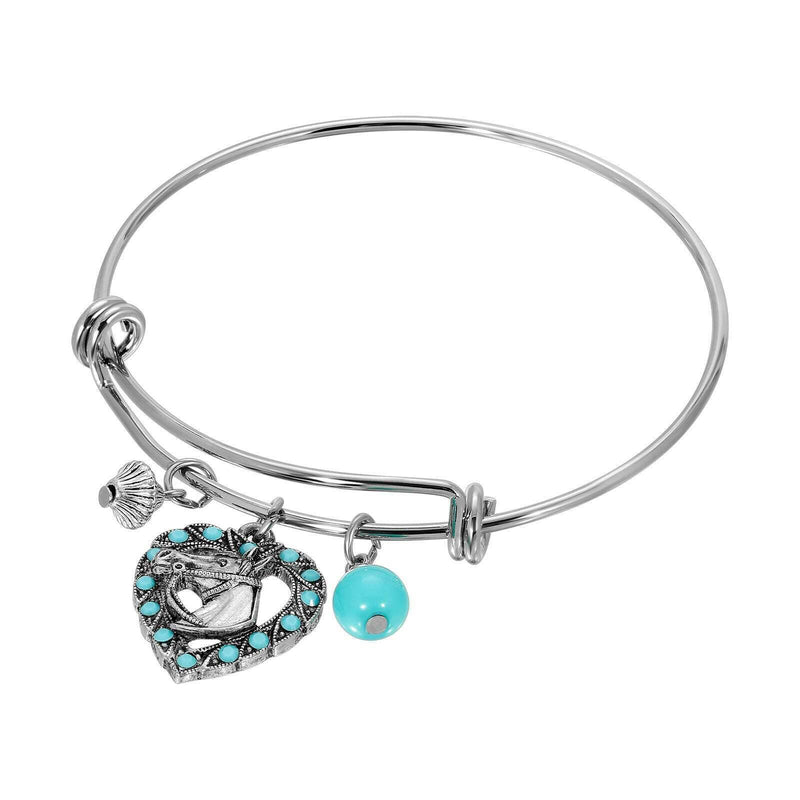 1928 Jewelry Heart Horse Head Turquoise Crystal and Charms Wire Bracelet