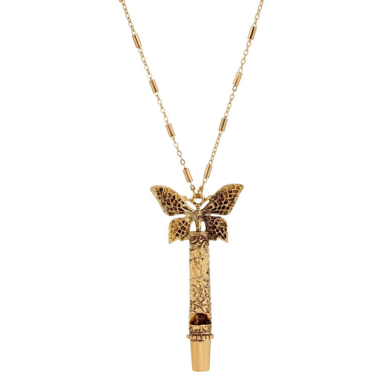 1928 Jewelry Gold Filigree Whistle Butterfly Pendant Necklace 28 Inch