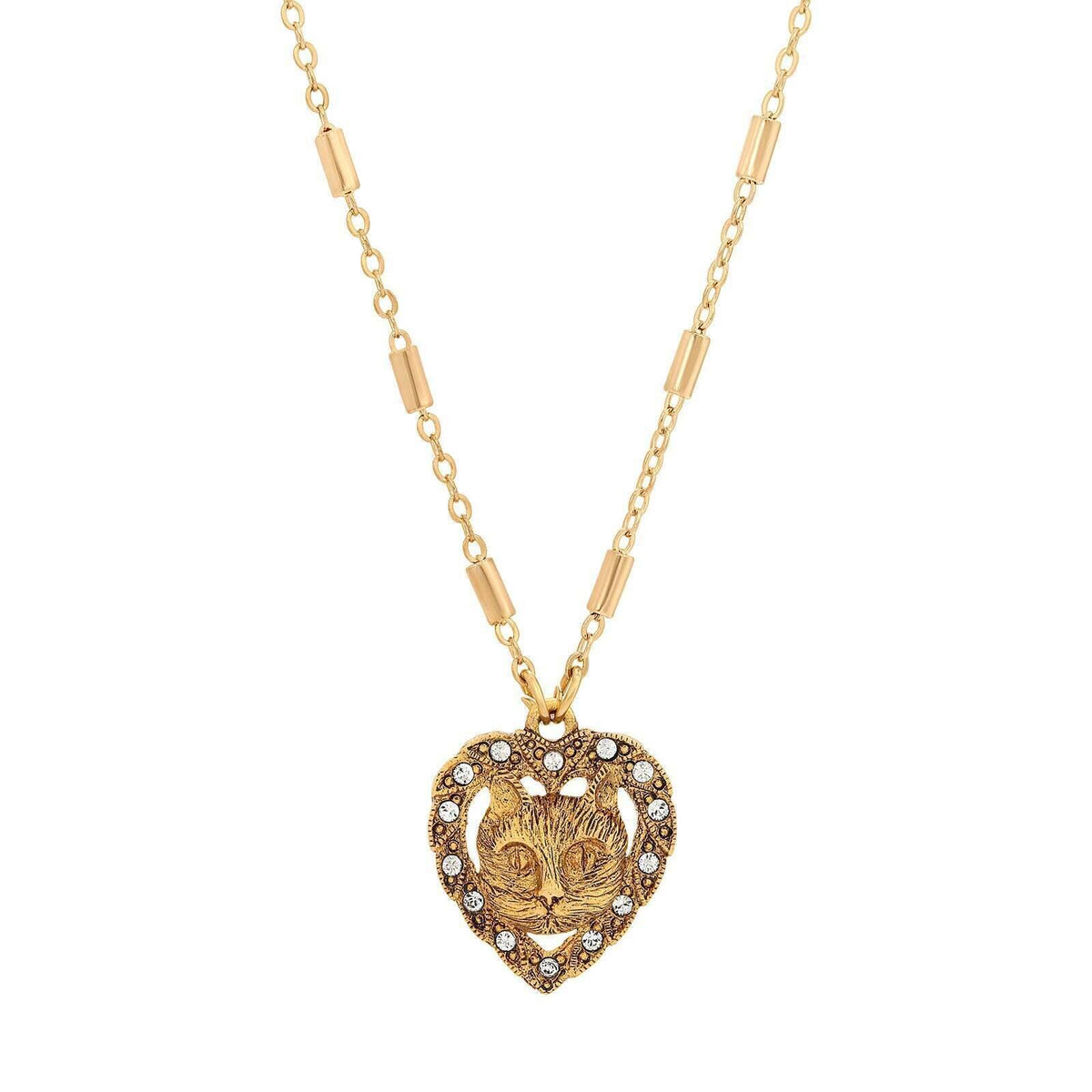 1928 Jewelry Heart And Cat Crystal Accent Pendant Necklace 18 Inch