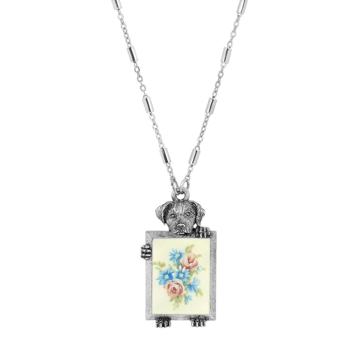 1928 Jewelry Dog Pendant Grecian Windflowers and Roses Decal Necklace 28 Inch