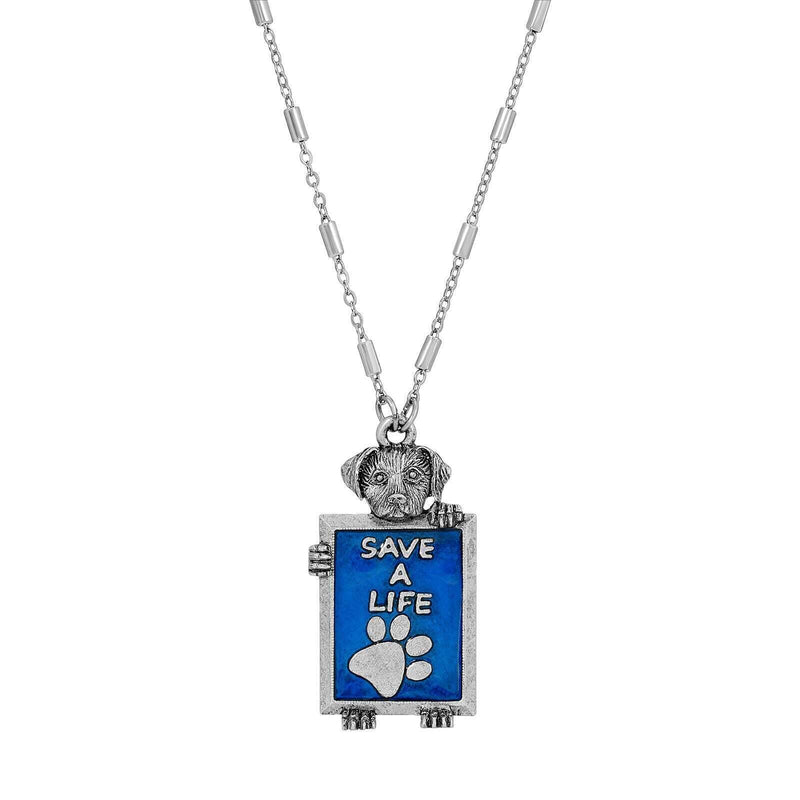 1928 Jewelry Pewter Dog Blue Enamel Save A Life Pendant Necklace 28 Inch