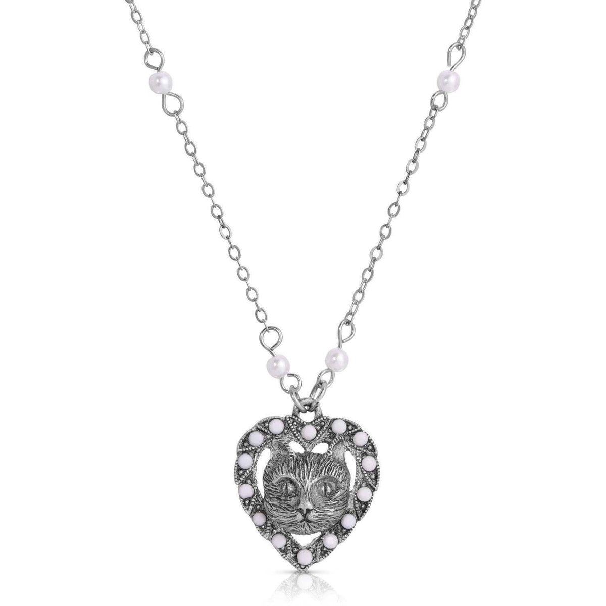 1928 Jewelry Heart And Cat Crystal Faux Pearl Pendant Necklace 16 Inch