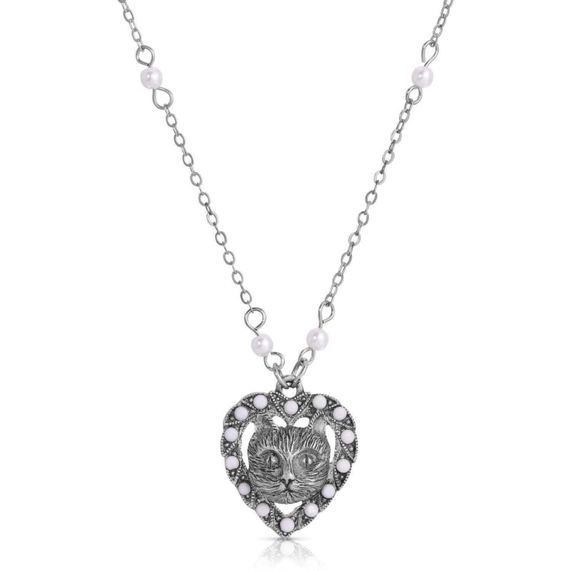 1928 Jewelry Heart And Cat Crystal Faux Pearl Pendant Necklace 16 Inch