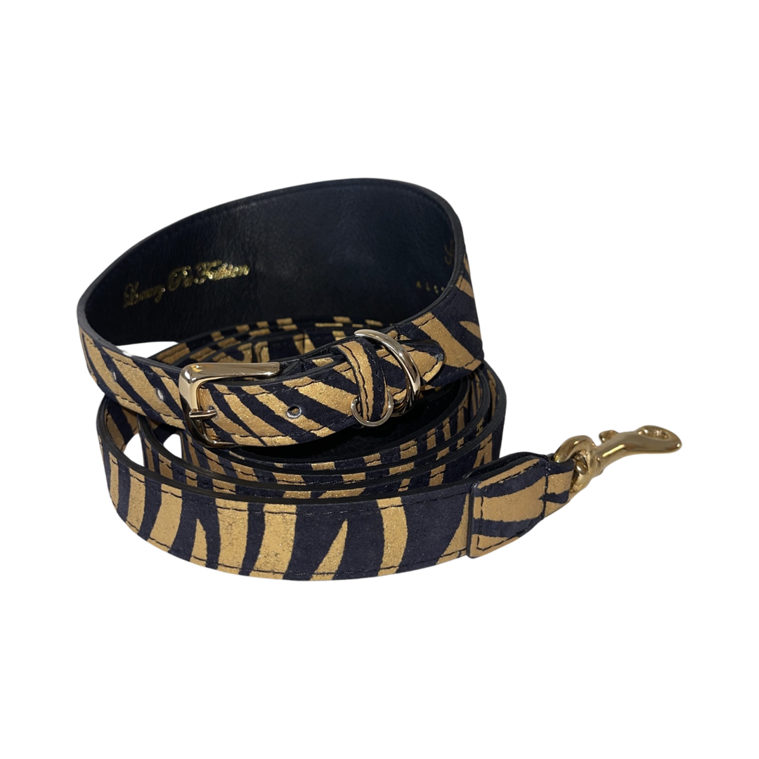 Allysa Payne Black & Gold Zebra Print Italian Leather Dog Collar & Leash Set