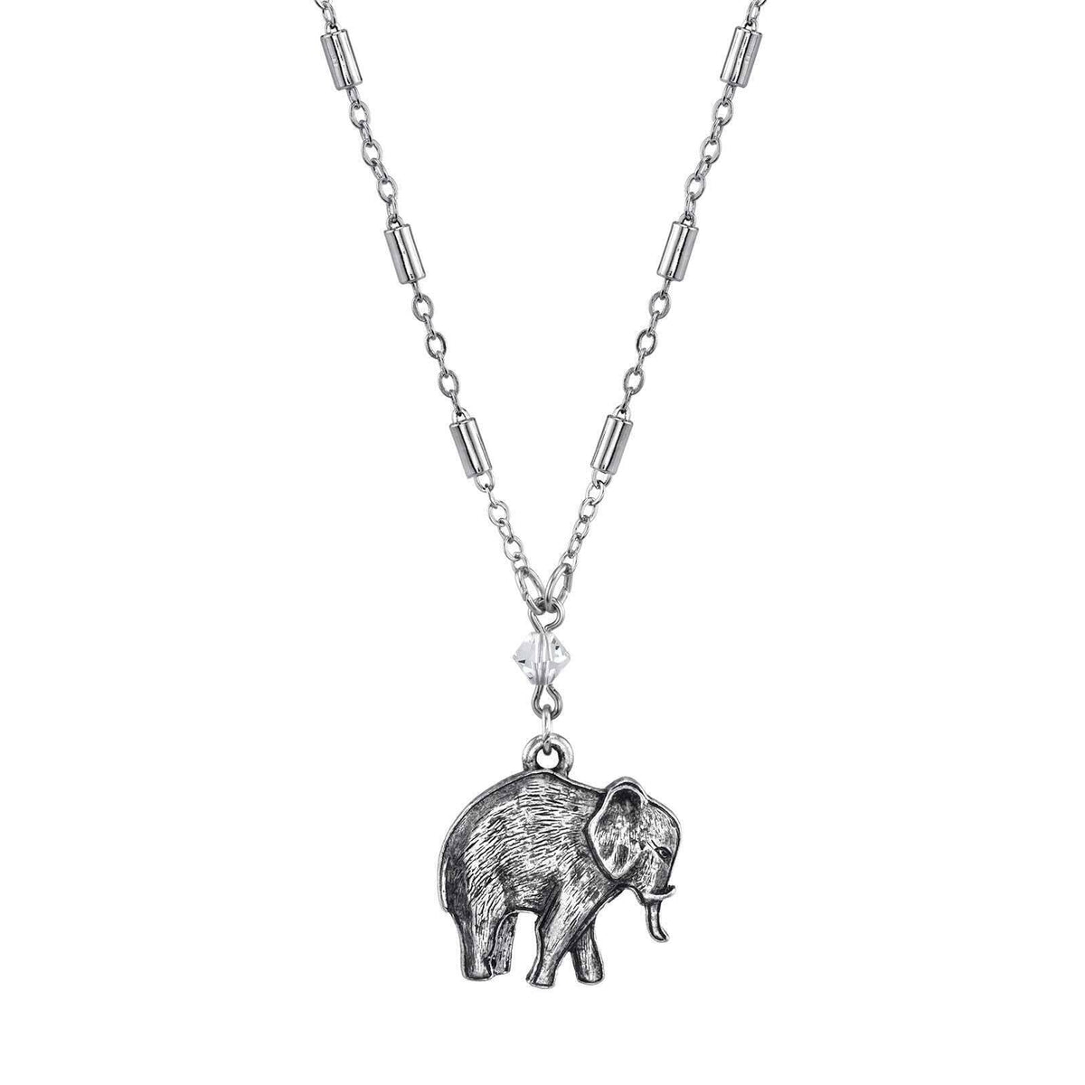 1928 Jewelry Pewter Elephant Drop Chain Pendant Necklace 16 Inch with 3 Inch Extender