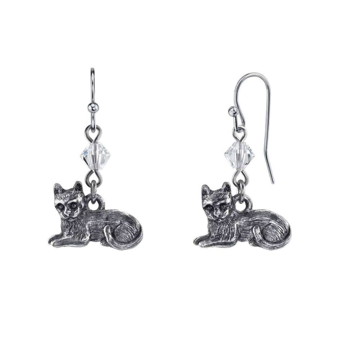 1928 Jewelry Pewter Cat and Austrian Crystal Bead Wire Earrings