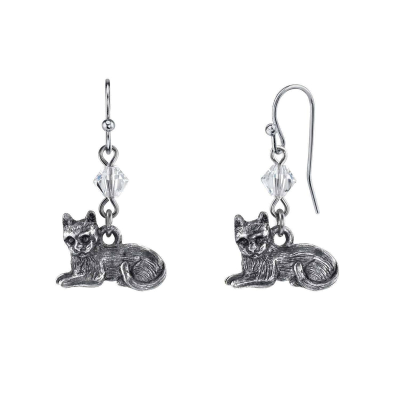 1928 Jewelry Pewter Cat and Austrian Crystal Bead Wire Earrings