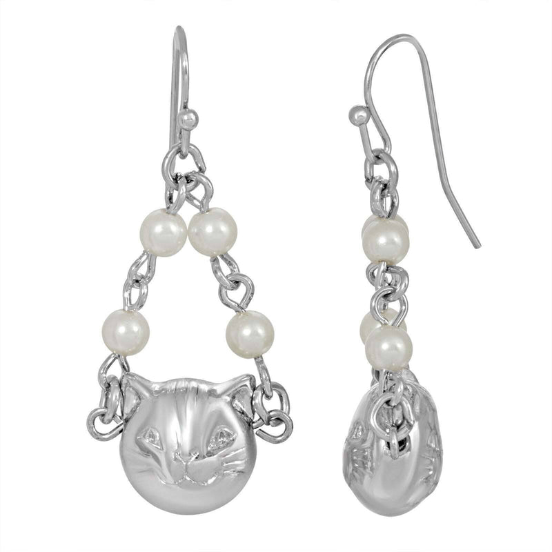 1928 Jewelry White Faux Pearl Cat Dangle Earrings