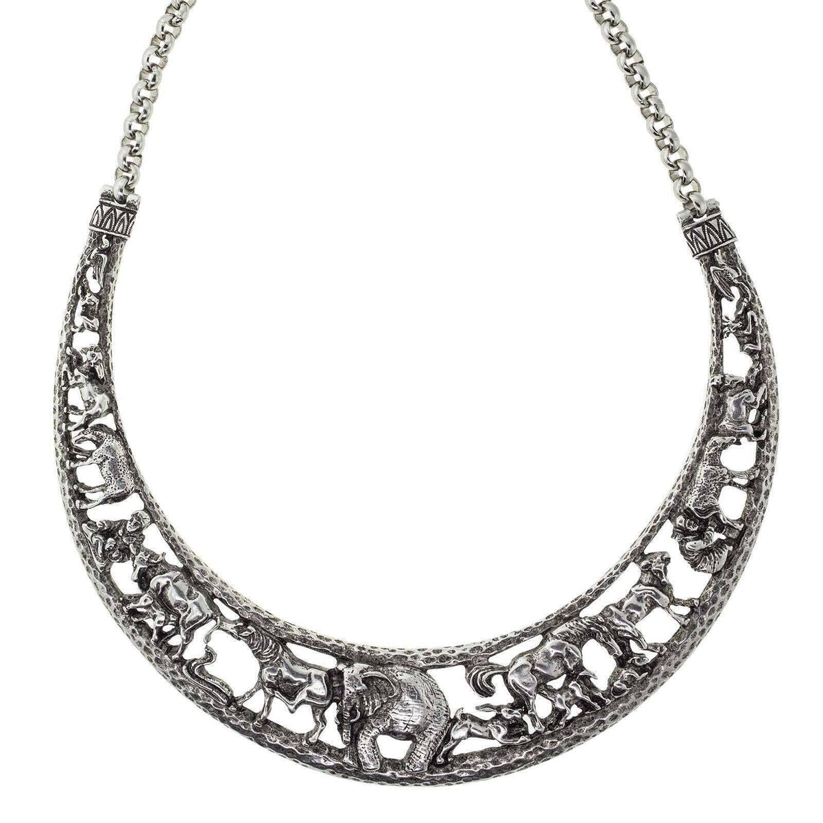 1928 Jewelry Elephant and Safari Animals Collar Necklace 14.5 Inch