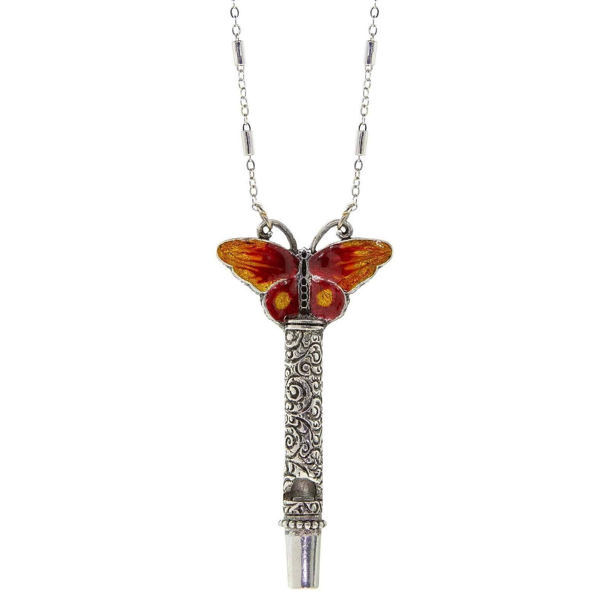 1928 Jewelry Multicolor Enamel Butterfly Etched Filigree Whistle Necklace 30 Inch