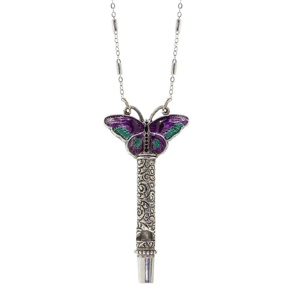 1928 Jewelry Multicolor Enamel Butterfly Etched Filigree Whistle Necklace 30 Inch