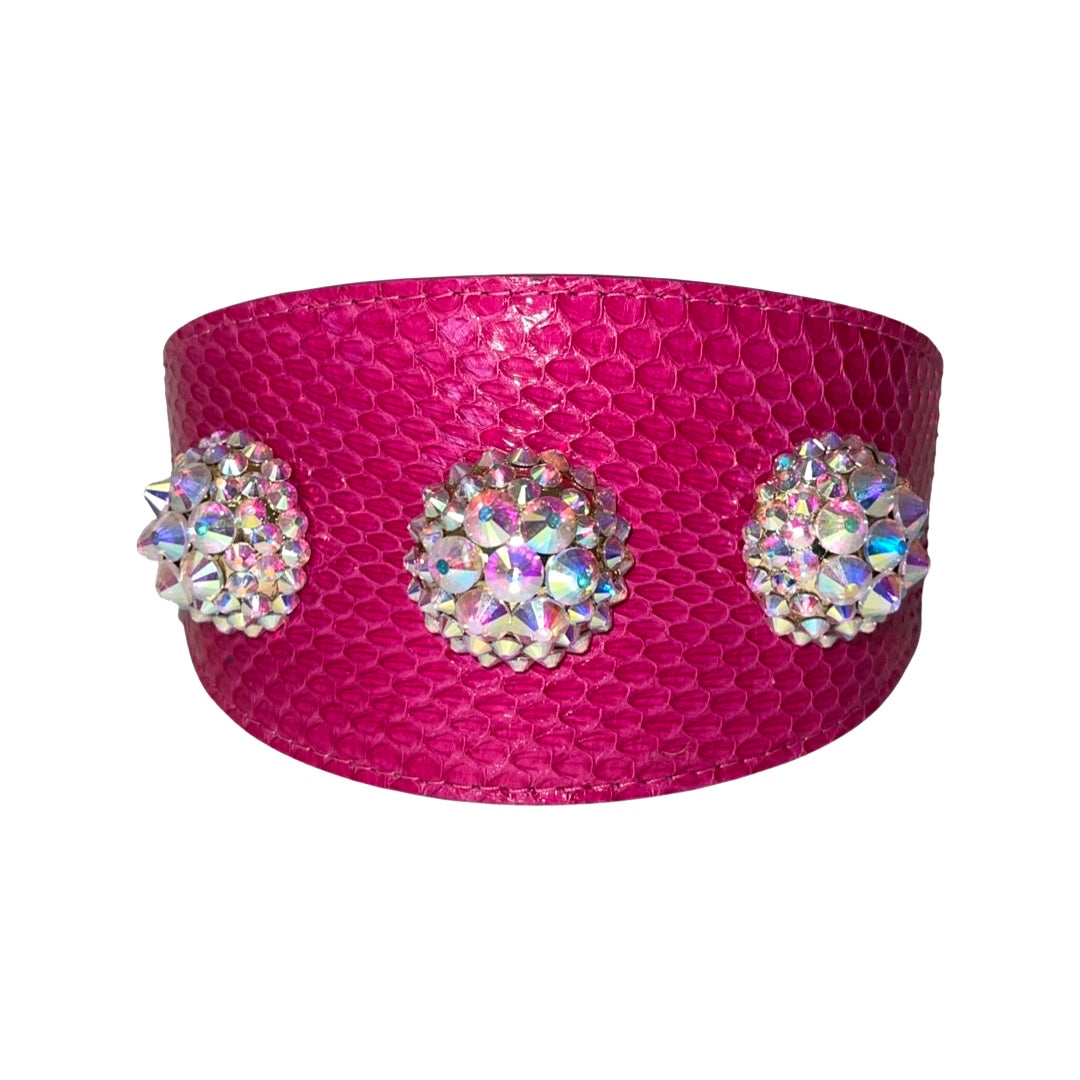 Allysa Payne Fuchsia Snake Wide Style Dog Collar With 3 Custom Swarovski Crystal Rivets