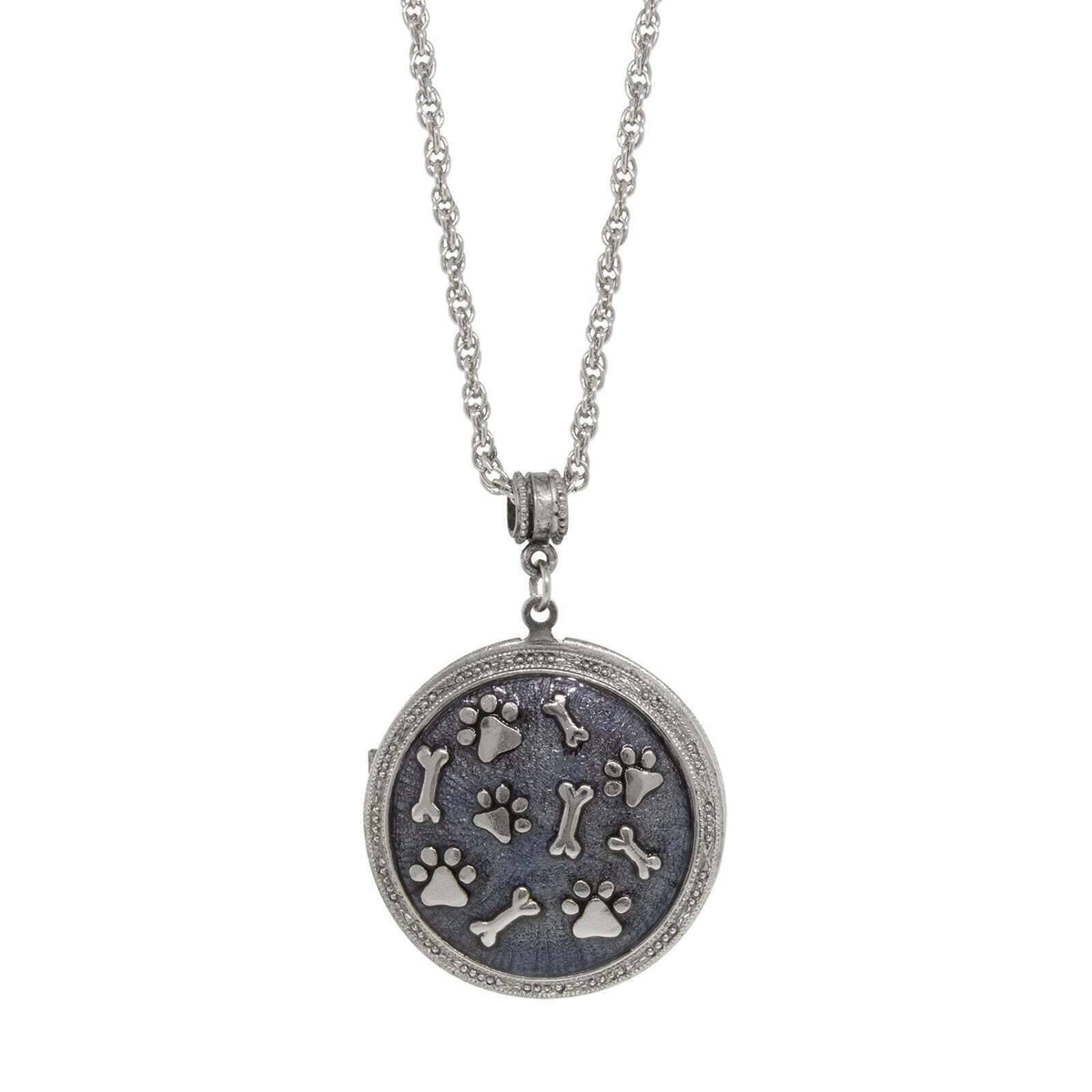 1928 Jewelry Blue Enamel Round Paws And Bones Locket Necklace 28 Inch
