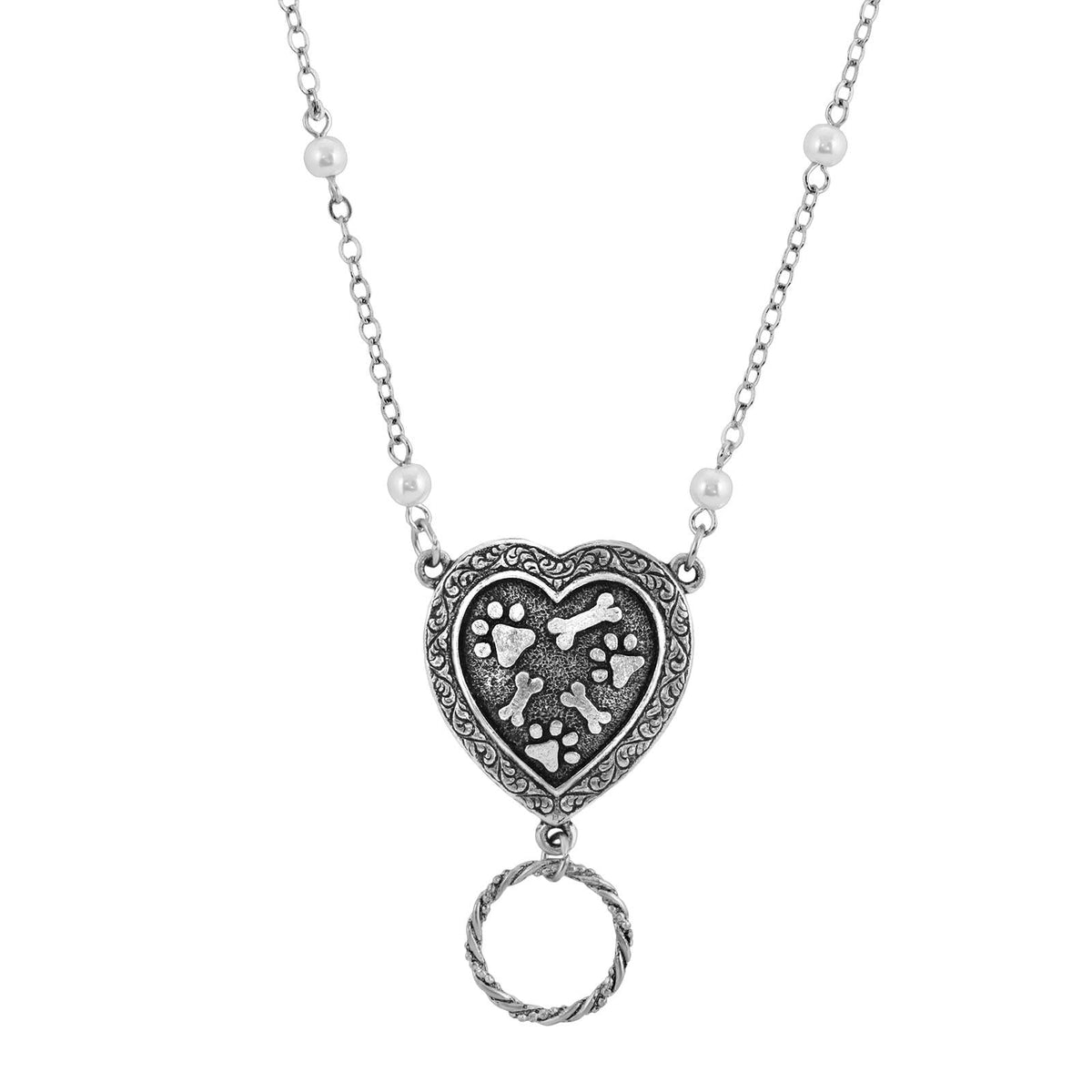 1928 Jewelry Faux Pearl Heart Paws And Bones Eye Glass and Badge Holder Pendant Necklace 28 Inch