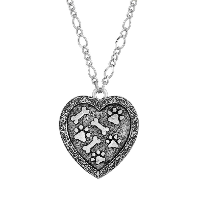 1928 Jewelry Pewter Heart Paws And Bones Pendant Necklace 28 Inch