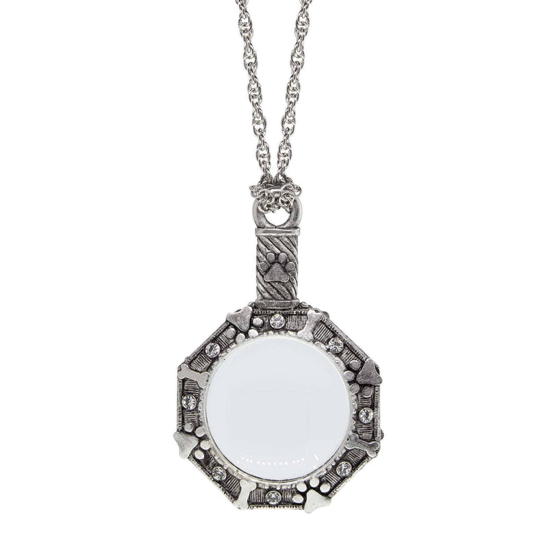 1928 Jewelry Antiqued Pewter Octagon Dog Paw Bone And Heart Crystal Magnifying Glass Pendant Necklace 30 inch - Magnification Power 4-5x