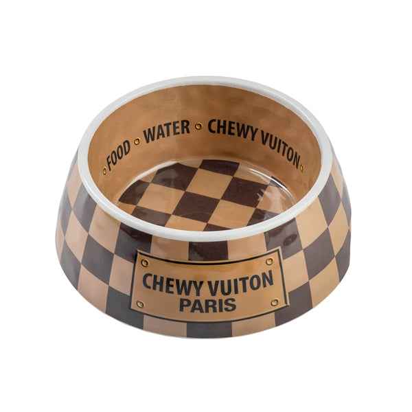 Haute Diggity Dog Tan Checker Chewy Vuiton Dog Bowl