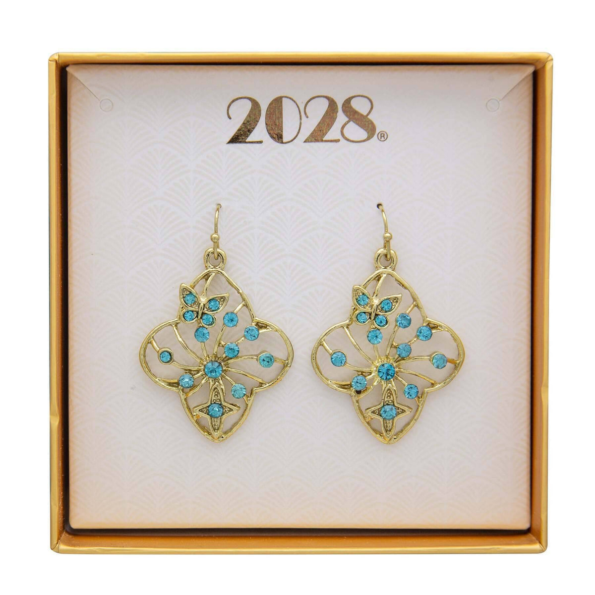 1928 Jewelry Butterfly and Cross Aqua Crystal Filigree Flower Drop Earrings
