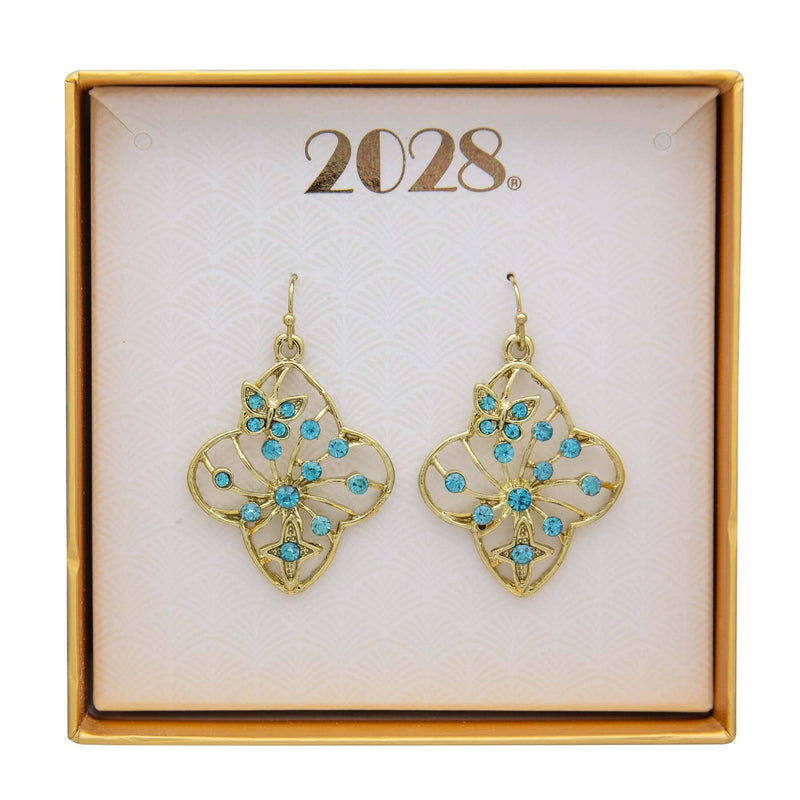 1928 Jewelry Butterfly and Cross Aqua Crystal Filigree Flower Drop Earrings