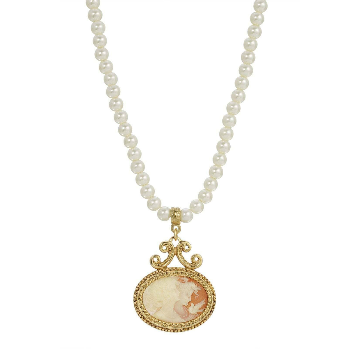 1928 Jewelry 5mm Faux Pearl Strand Twin Muse And Bird Cameo Pendant Necklace 15 Inch with 3 Inch Extender