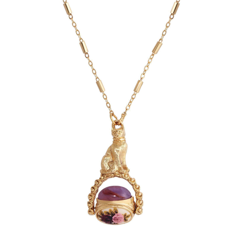 1928 Jewelry Manor House Pink and Purple Stone Spinner Cat Pendant Necklace 30 Inch