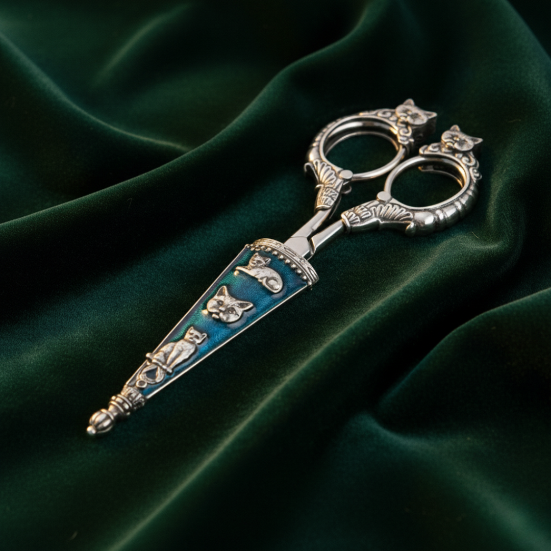 1928 Jewelry Antiqued Classic Blue Enamel Cat Scissors