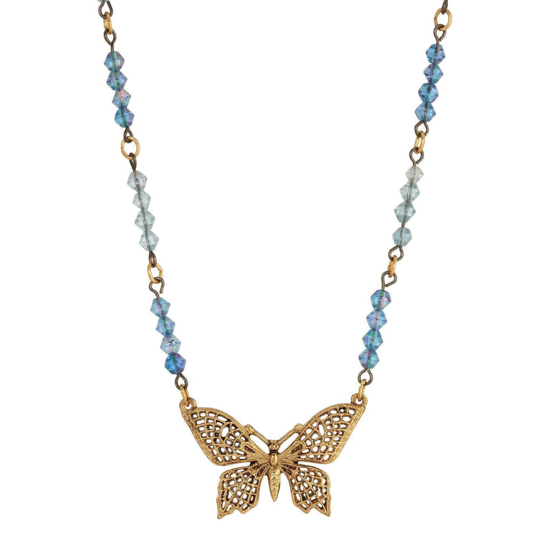 1928 Jewelry Sapphire AB Blue Crystal Butterfly Pendant Necklace 16 Inch with 3 Inch Extender
