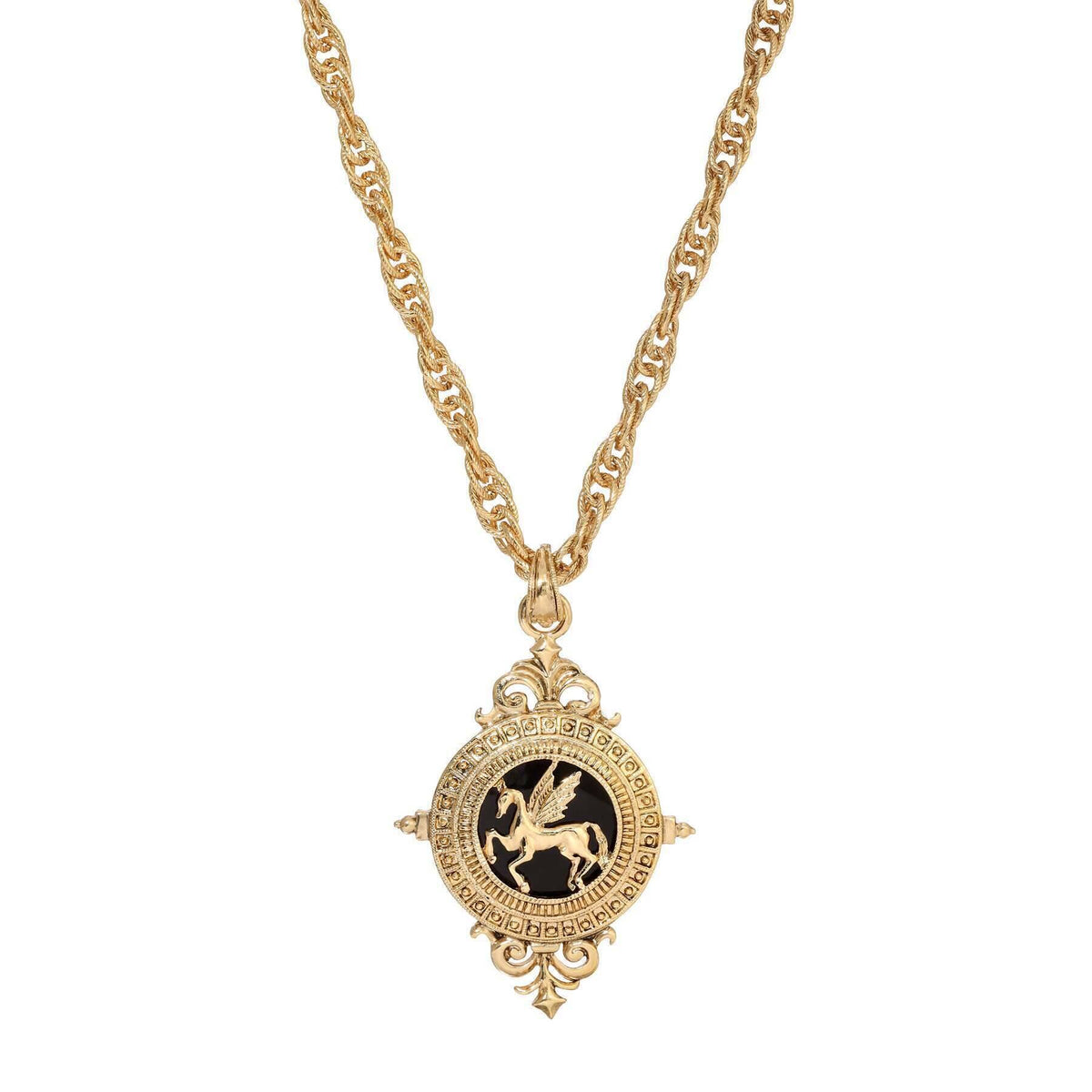 1928 Jewelry Onyx Gemstone Gold Pegasus Acanthus Pendant Necklace 16 Inch with 3 Inch Extender