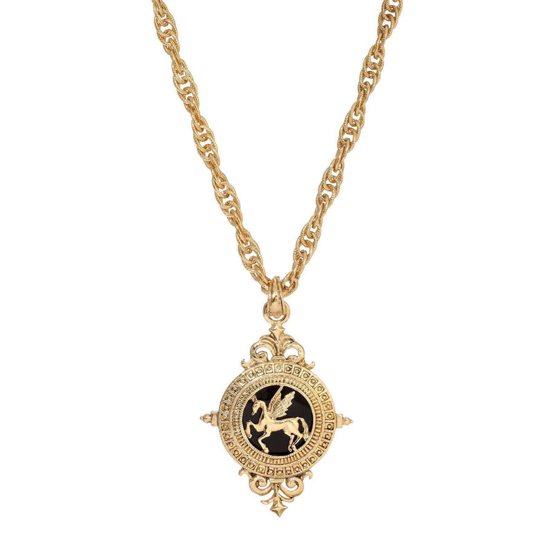 1928 Jewelry Onyx Gemstone Gold Pegasus Acanthus Pendant Necklace 16 Inch with 3 Inch Extender