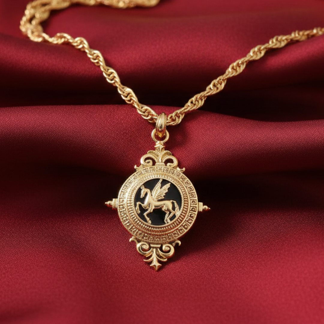 1928 Jewelry Onyx Gemstone Gold Pegasus Acanthus Pendant Necklace 16 Inch with 3 Inch Extender