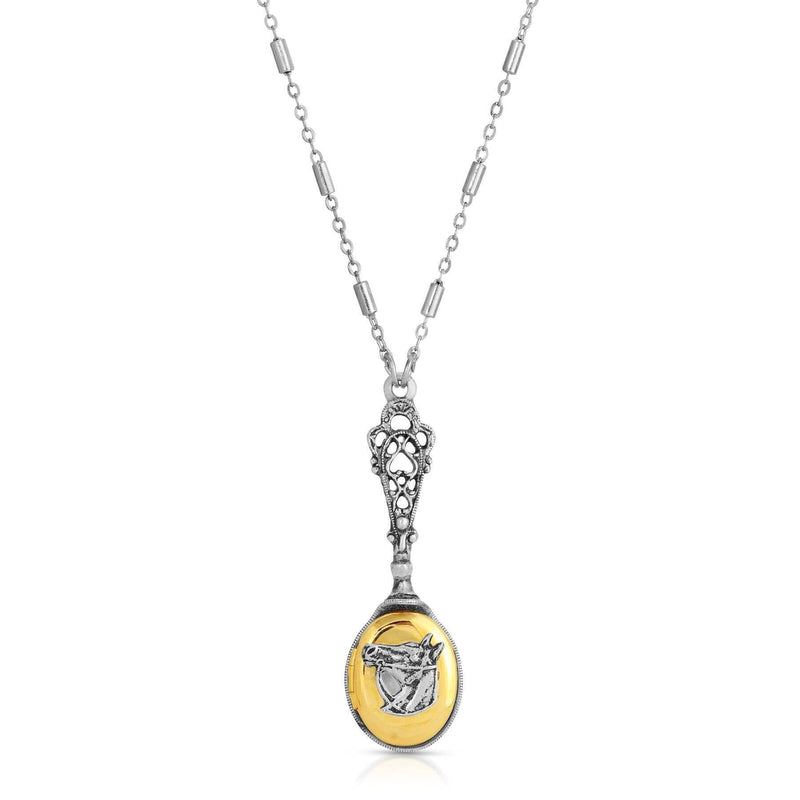 1928 Jewelry Two Tone Horse Head Locket Necklace 28 Inch
