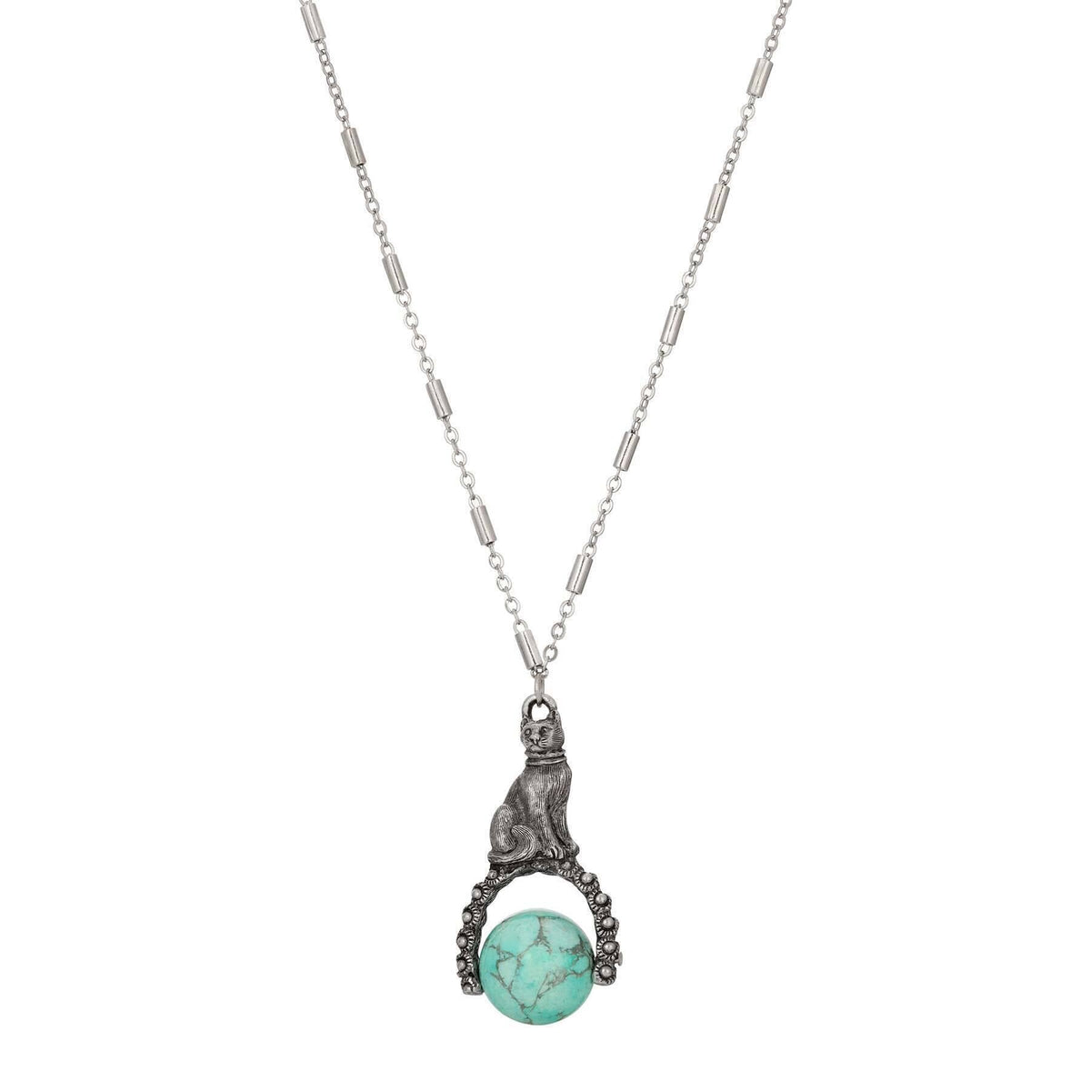 1928 Jewelry Cat and Turquoise Gemstone Spinner Pendant Necklace 28 Inch