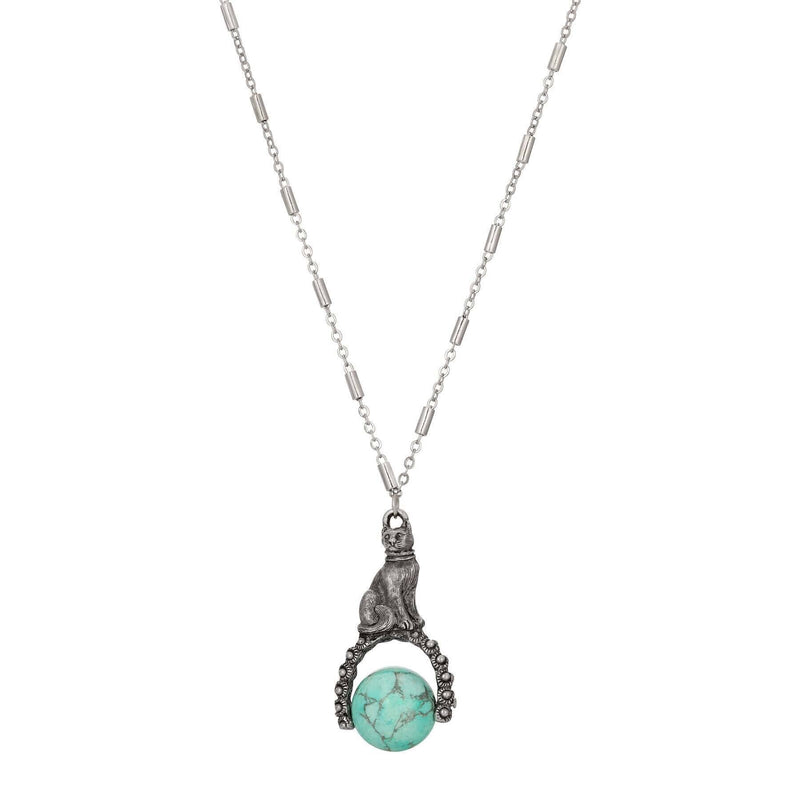 1928 Jewelry Cat and Turquoise Gemstone Spinner Pendant Necklace 28 Inch