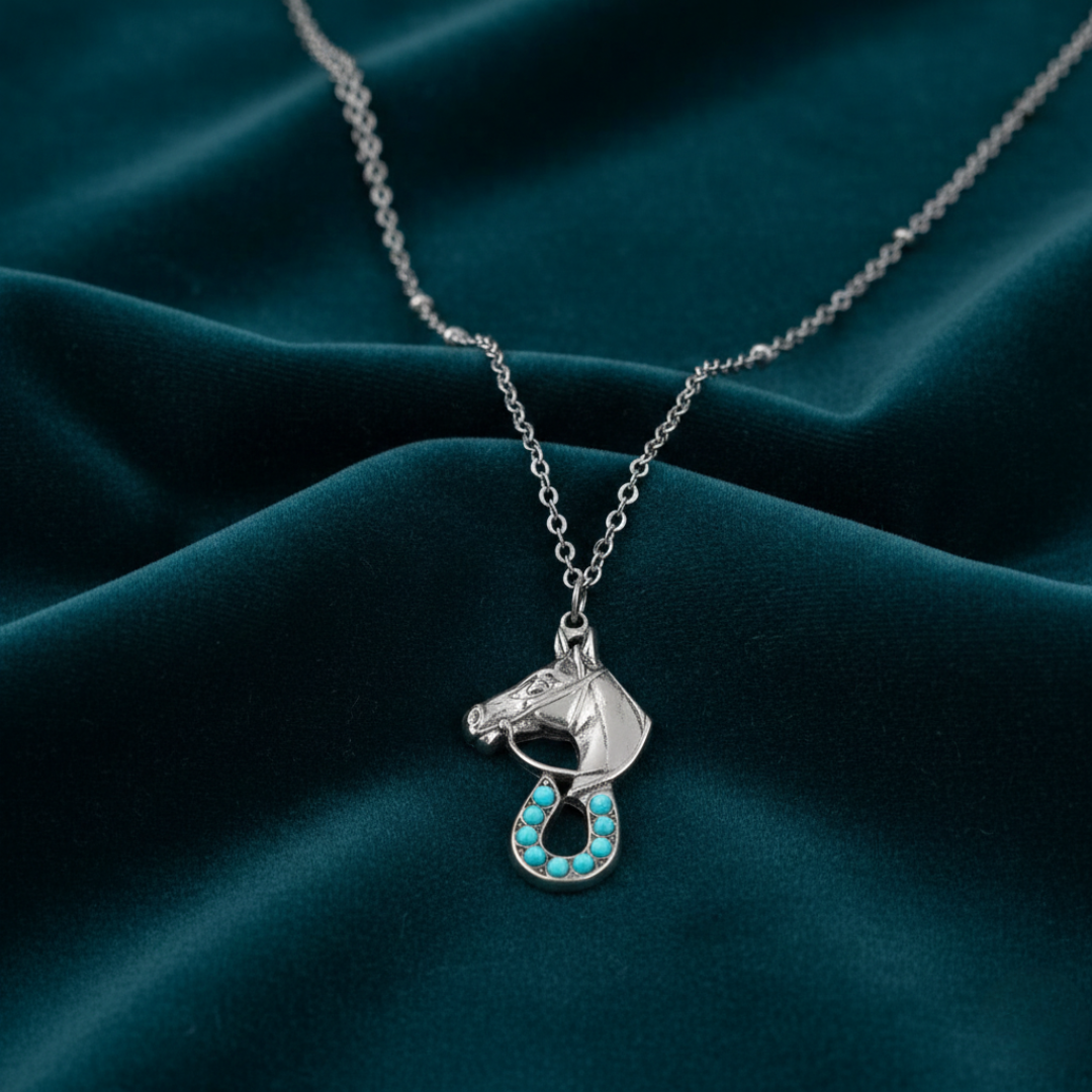 1928 Jewelry Equestrian Elegance Turquoise Crystal Pendant Necklace 16 Inch with 3 Inch Extension