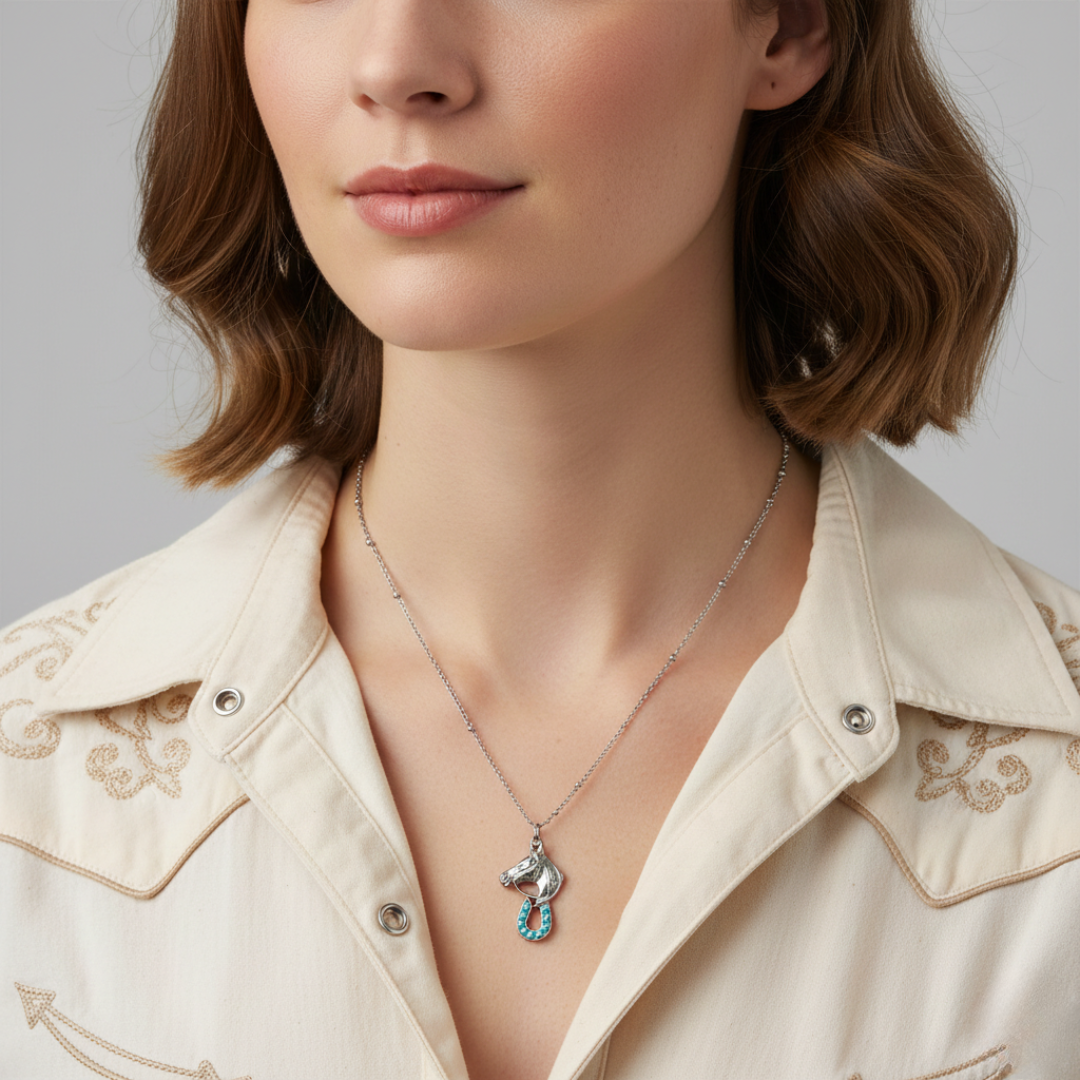 1928 Jewelry Equestrian Elegance Turquoise Crystal Pendant Necklace 16 Inch with 3 Inch Extension