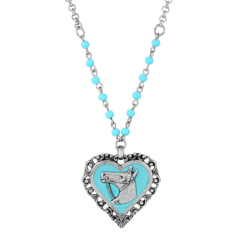 1928 Jewelry Turquoise Beaded Rolo Chain Filigree Heart Horse Pendant Necklace 18 Inch
