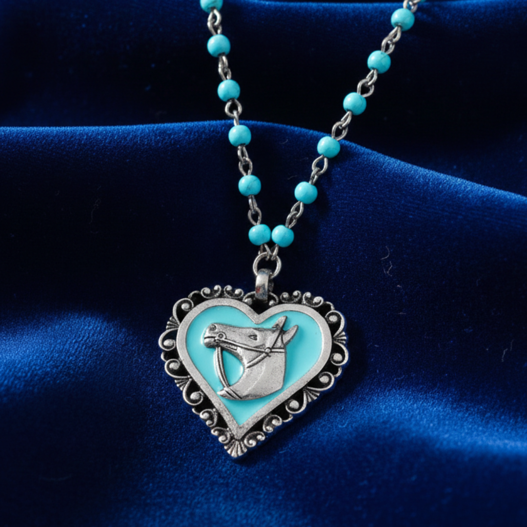 1928 Jewelry Turquoise Beaded Rolo Chain Filigree Heart Horse Pendant Necklace 18 Inch