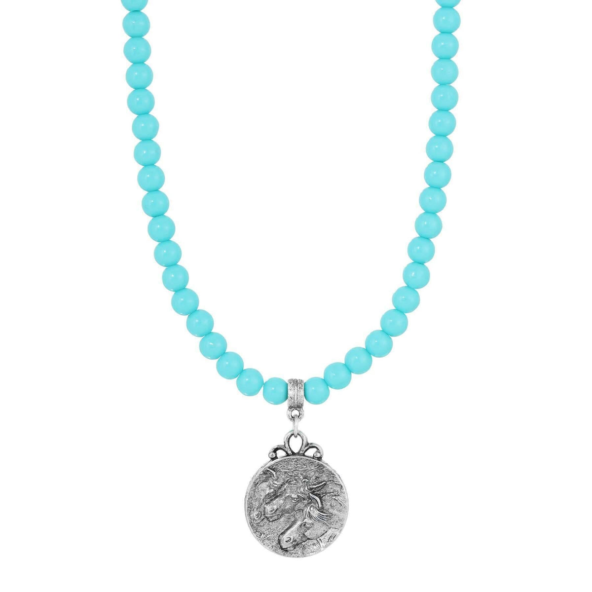 1928 Jewelry Turquoise Beaded Strand Horse Pendant Necklace 15 Inch with 3 Inch Extender