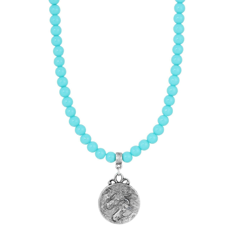 1928 Jewelry Turquoise Beaded Strand Horse Pendant Necklace 15 Inch with 3 Inch Extender