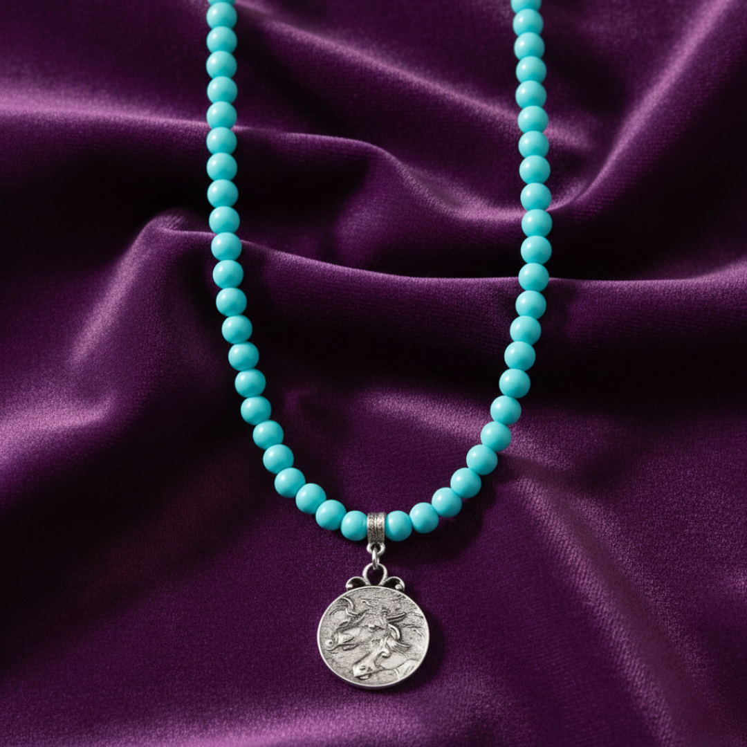 1928 Jewelry Turquoise Beaded Strand Horse Pendant Necklace 15 Inch with 3 Inch Extender