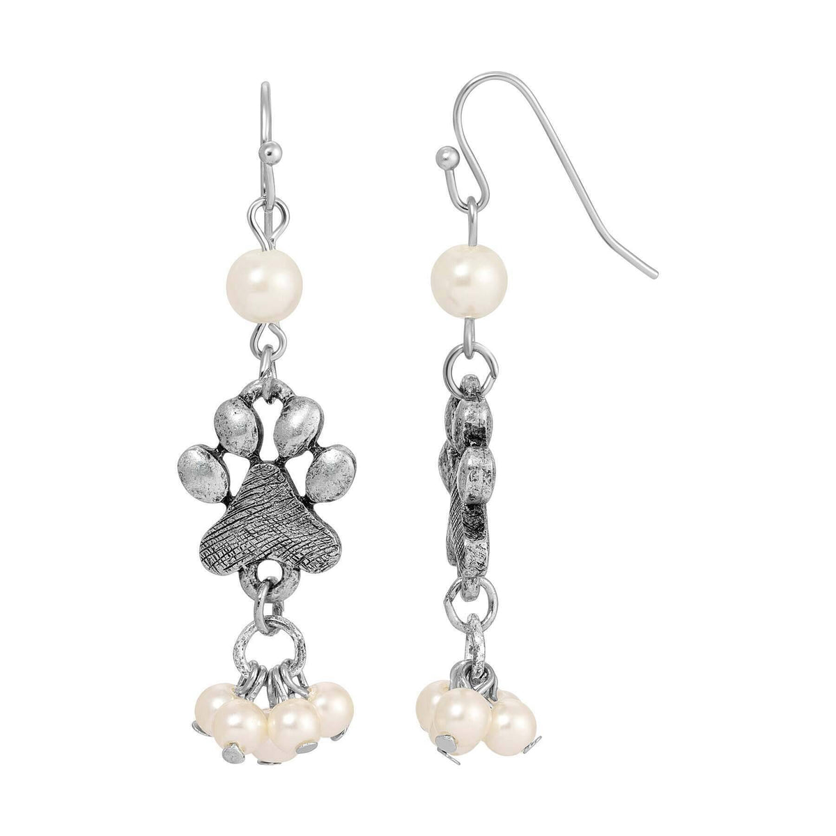 1928 Jewelry Paw and Faux Pearls Dangling Earrings