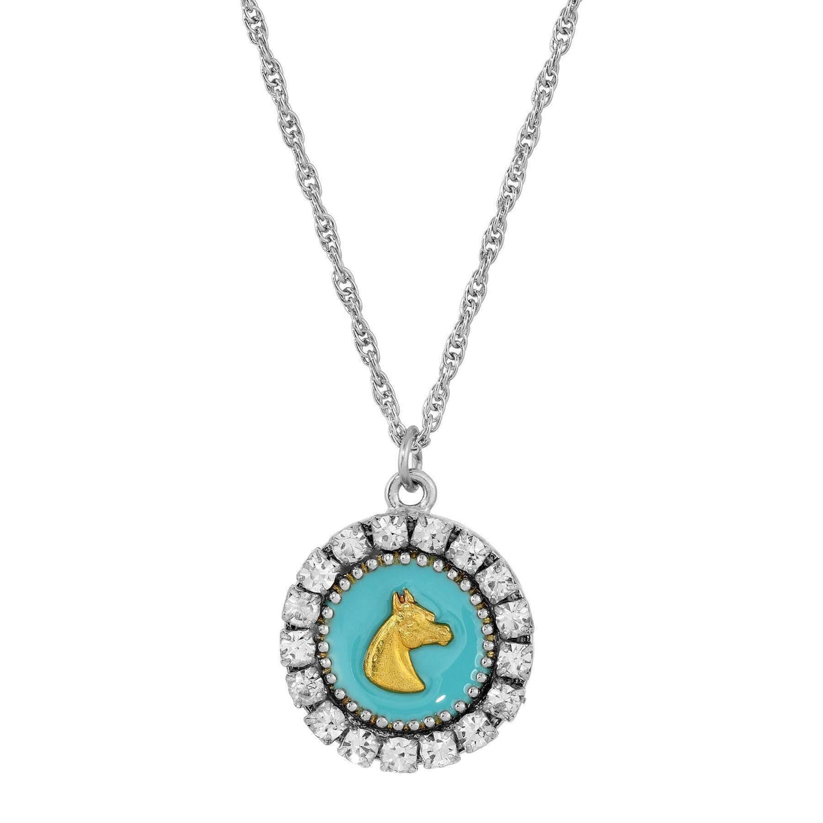 1928 Jewelry Gold Horse Motif Turquoise Enamel Crystal Pendant Necklace 16 Inch