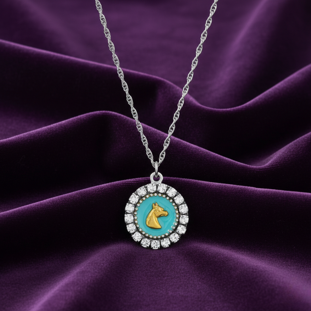 1928 Jewelry Gold Horse Motif Turquoise Enamel Crystal Pendant Necklace 16 Inch