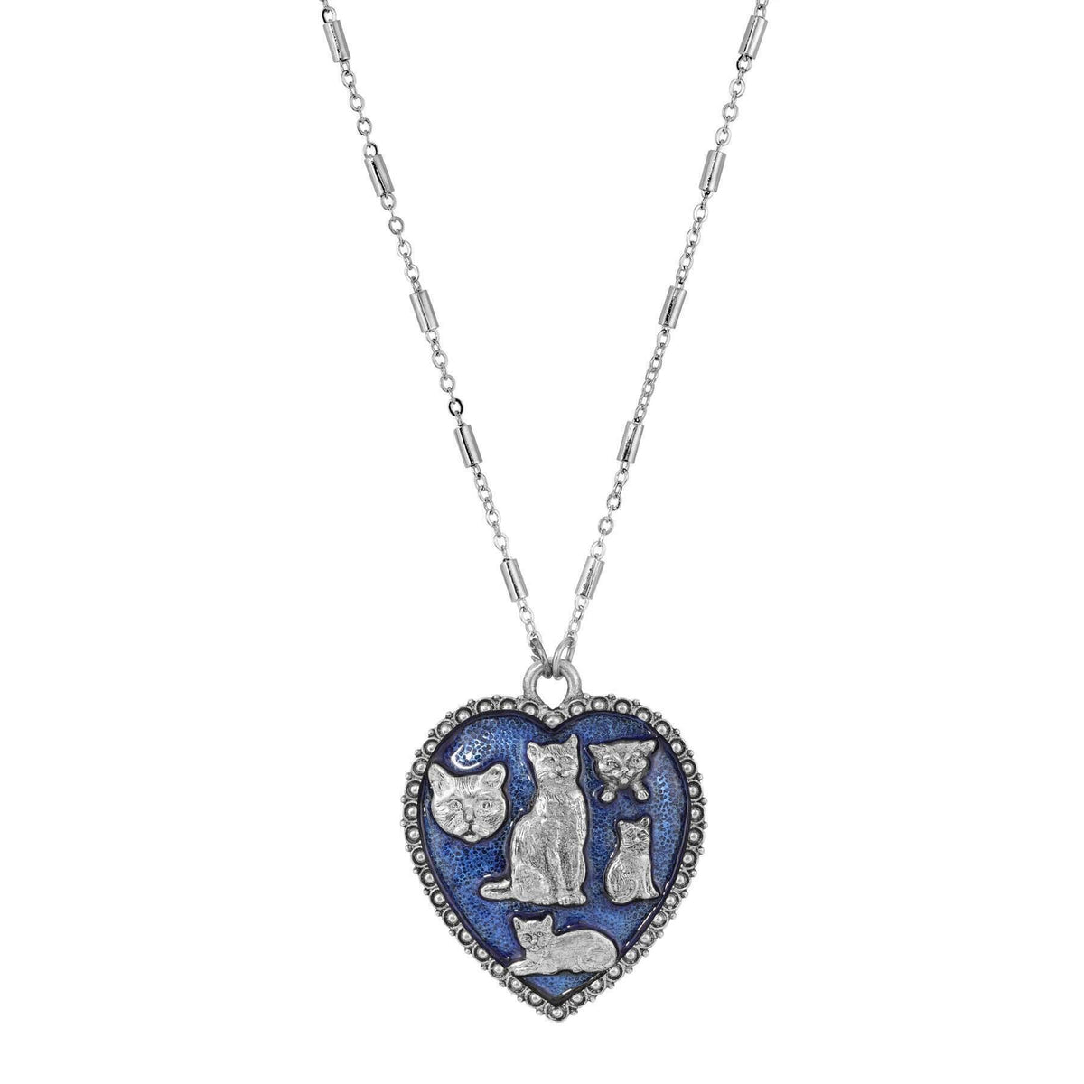 1928 Jewelry Blue Enamel Heart Clowder Of Cats Pendant Necklace 28 InchL