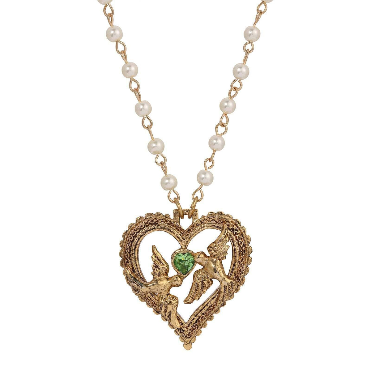 1928 Jewelry Crystal Heart Love Birds Pendant Necklace 15 Inch with 3 Inch Extension