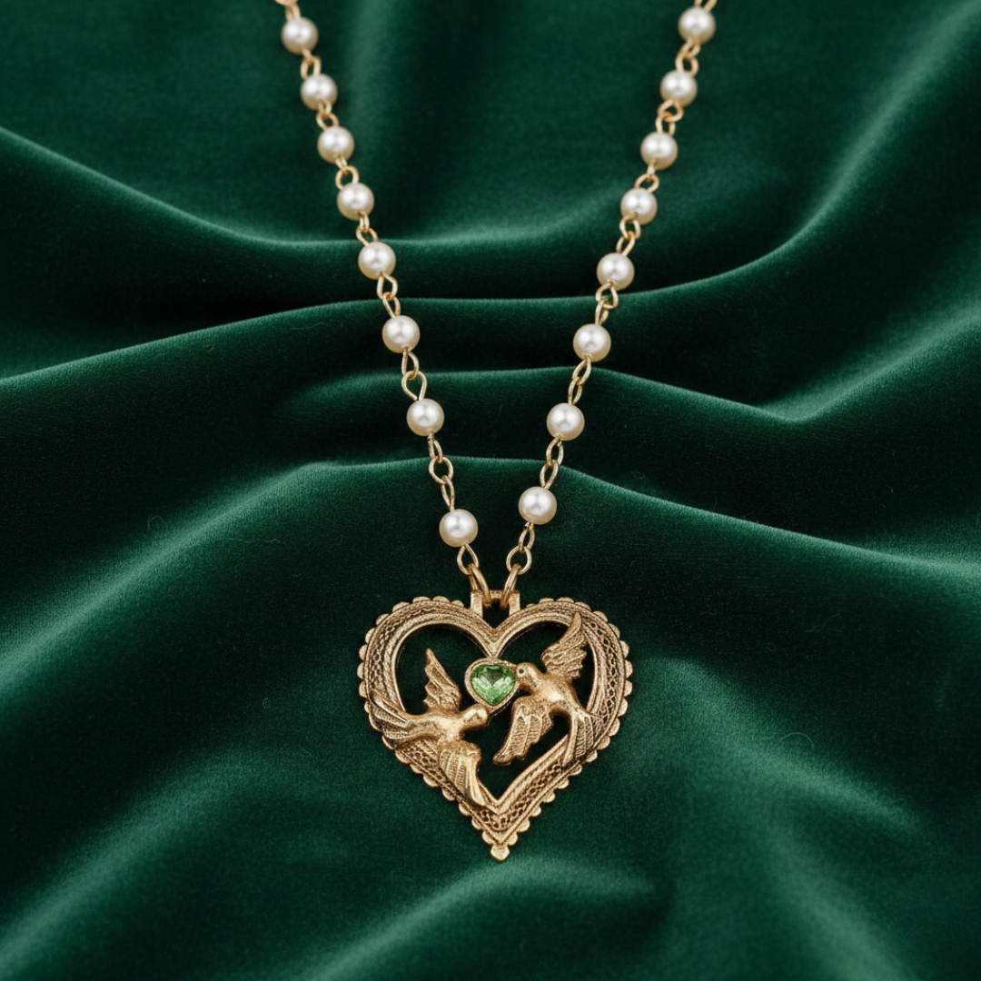 1928 Jewelry Crystal Heart Love Birds Pendant Necklace 15 Inch with 3 Inch Extension