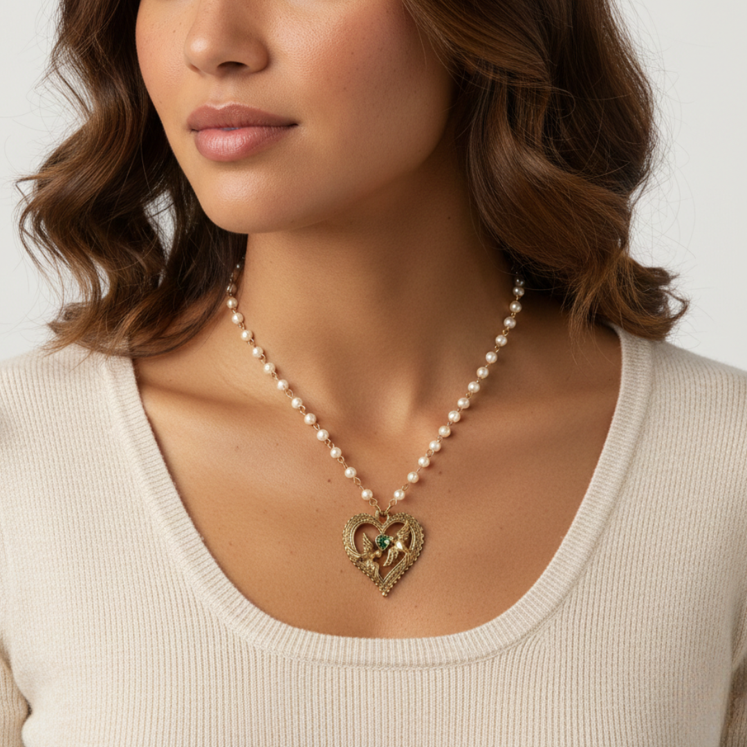 1928 Jewelry Crystal Heart Love Birds Pendant Necklace 15 Inch with 3 Inch Extension