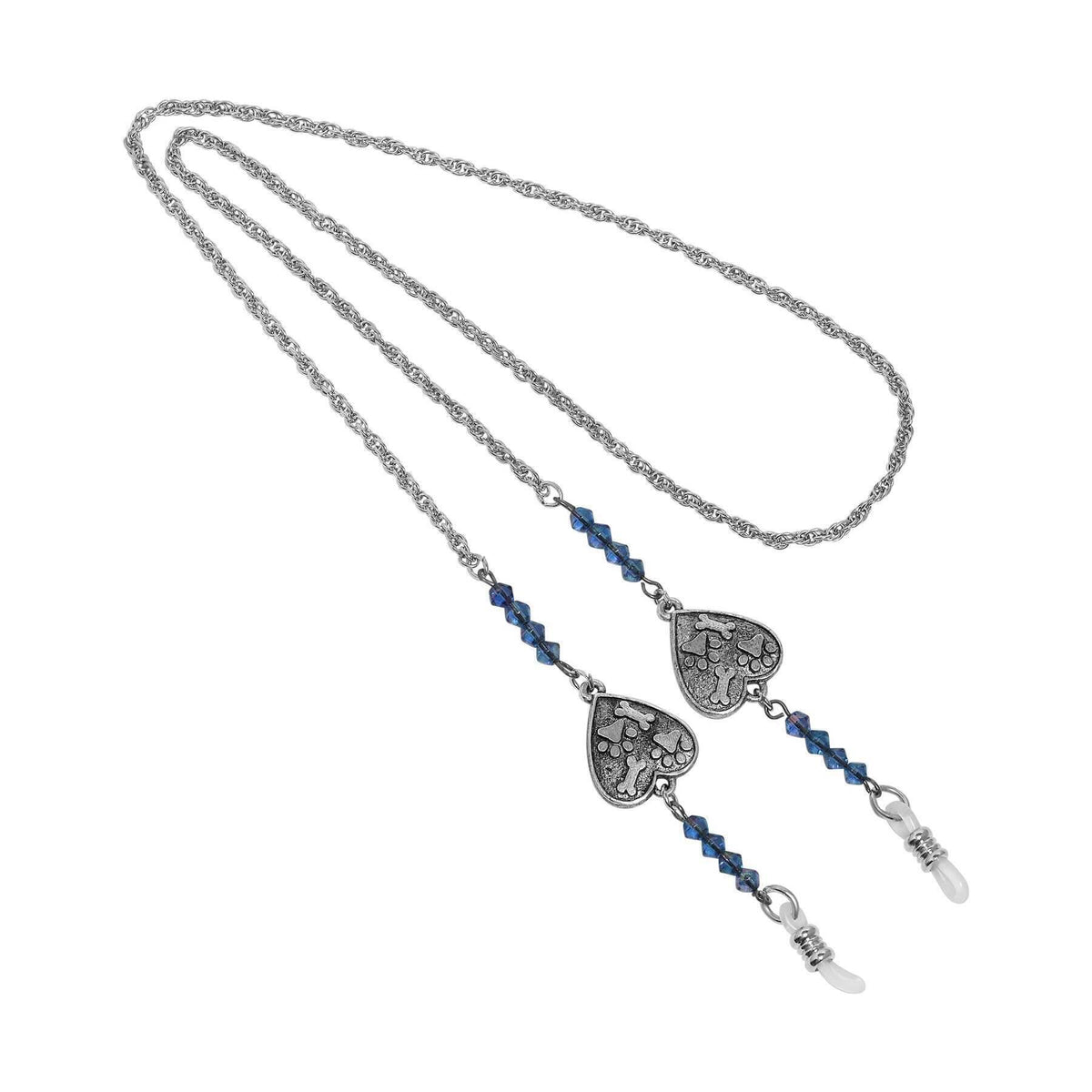 1928 Jewelry Sapphire Blue Heart Paw and Bones Eyeglass Holder Chain Necklace 26 Inch