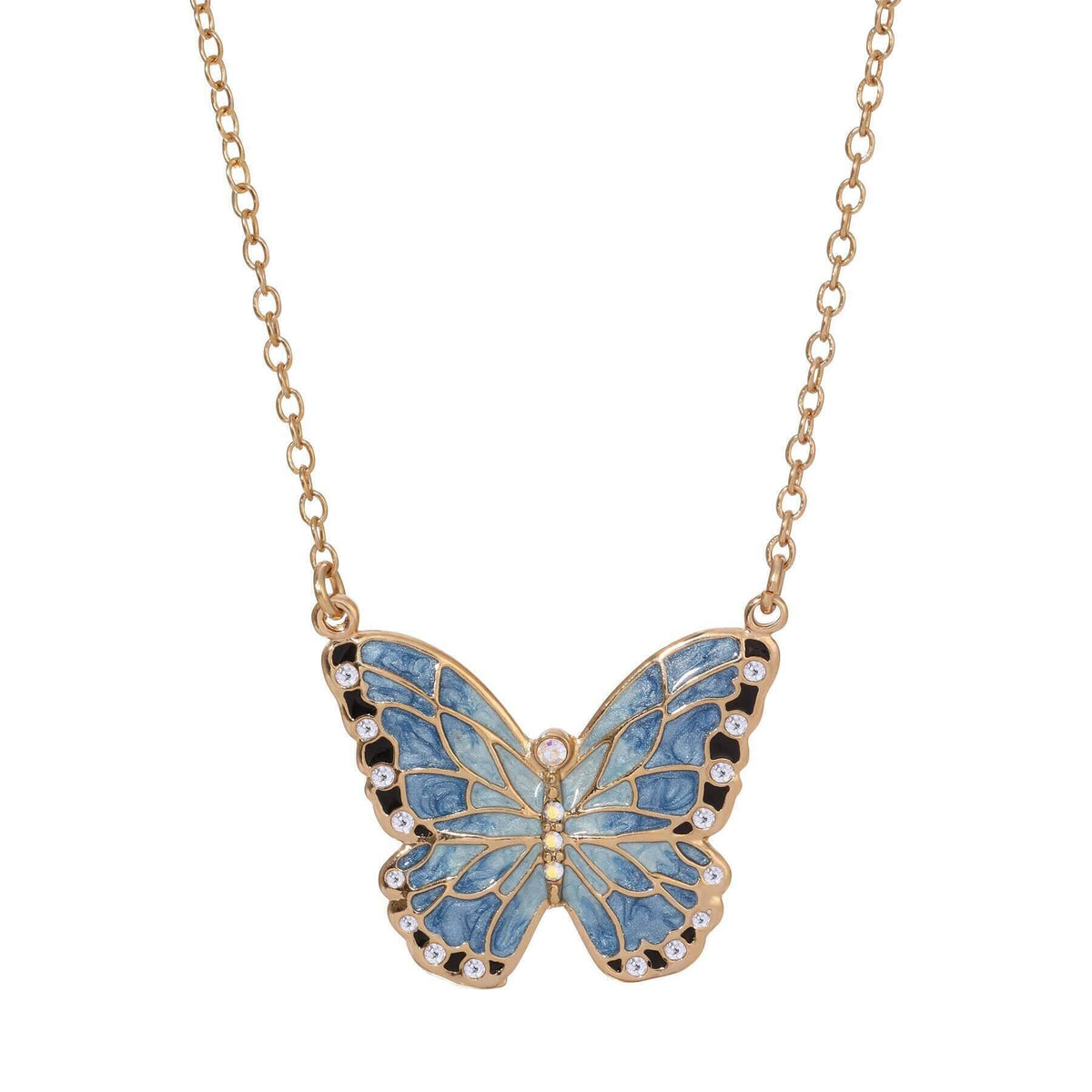 1928 Jewelry Blue Enamel Crystal Butterfly Pendant Necklace 18 Inch with 3 Inch Extender