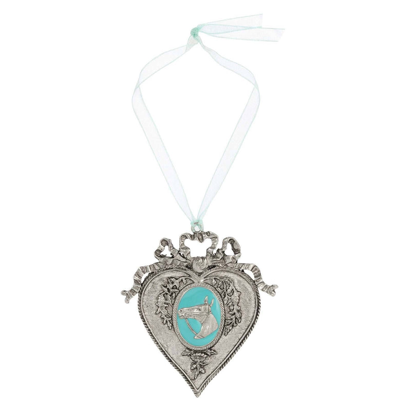 1928 Jewelry Turquoise Enamel Horsehead Oak Flower and Vine Aqua Blue Ribbon Heart Christmas Tree Ornament